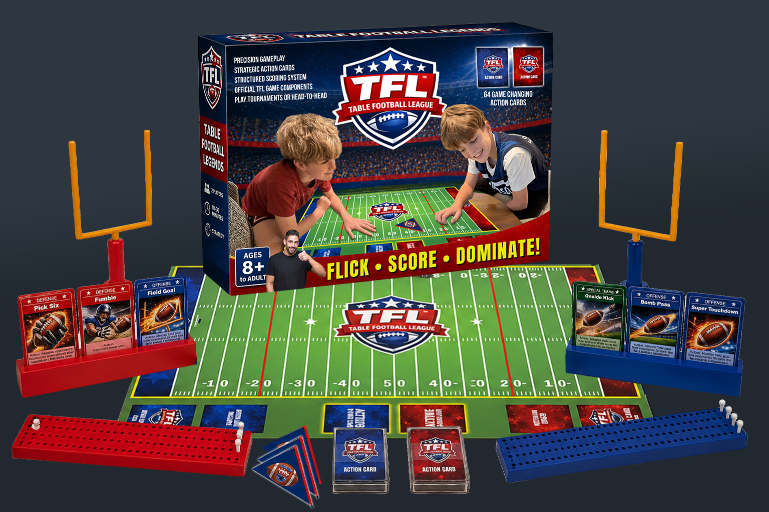 Official TFL Game box with field, goalposts, action cards, and components